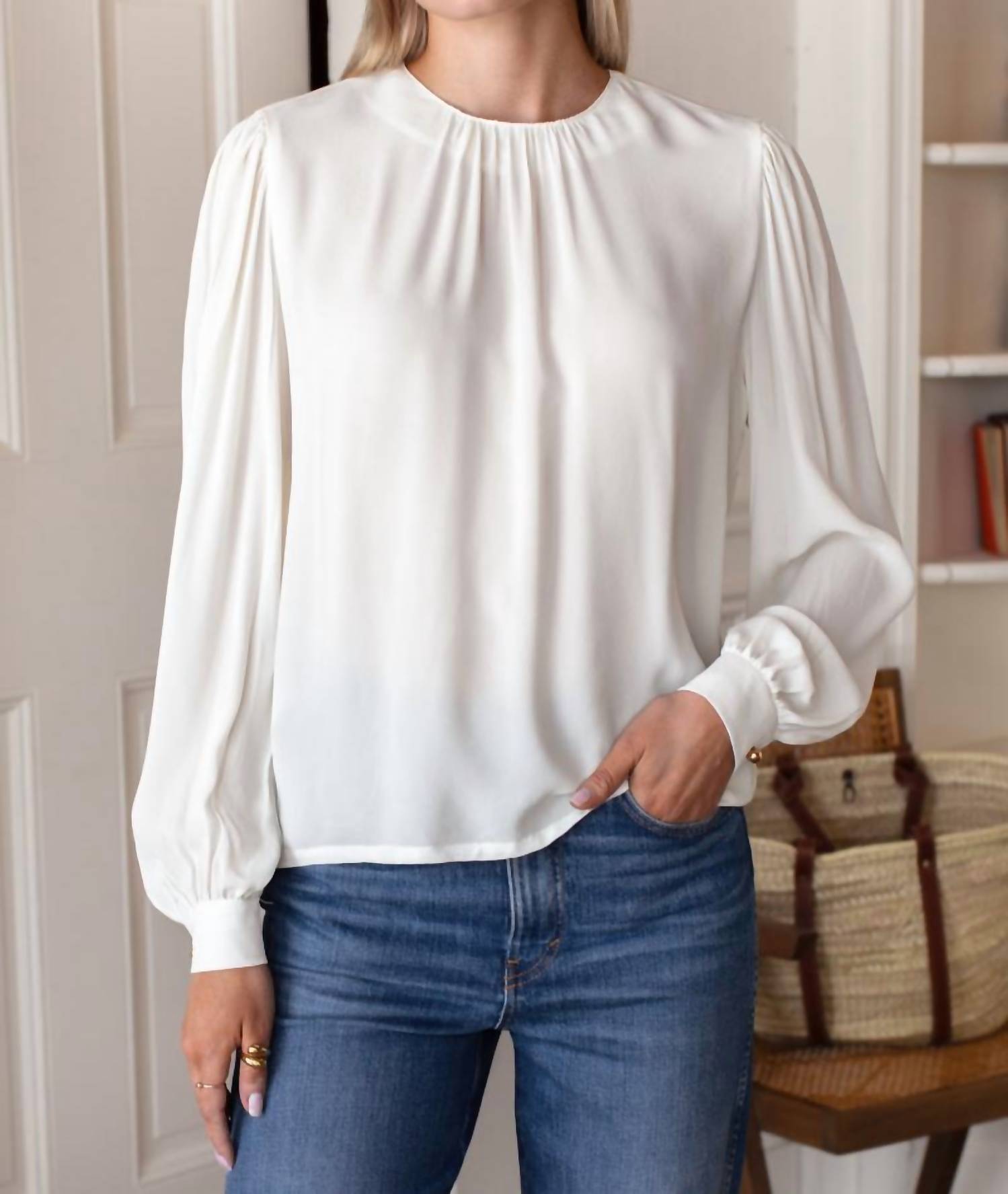 EMERSON FRY Gathered Neckline Blouse in star white - women's blouse