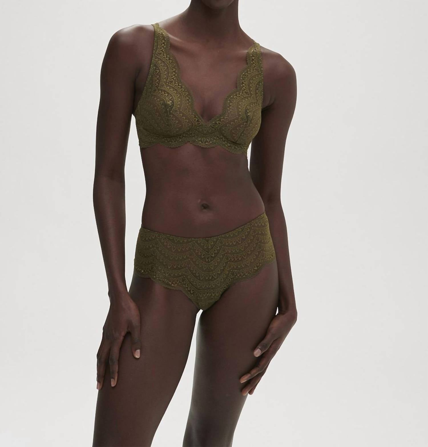 Simone Perele Karma Lace Unlined Bralette in adventure green - women's intimate - detail view