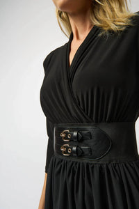 Joseph Ribkoff - Faux Wrap Belted 3/4 Sleeve Fit And Flare Dress