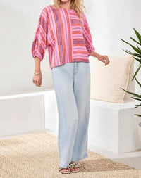 Tribal - Linen Boat Neck Dolman Sleeves Blouse