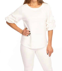 Beverly Rose Pearl Gathered Elbow Sleeve Top in white - women's blouse - detail view