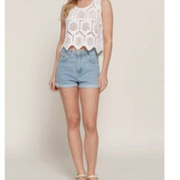 Active Basic - Sleeveless Round Neck Cotton Crochet Crop Tank Top