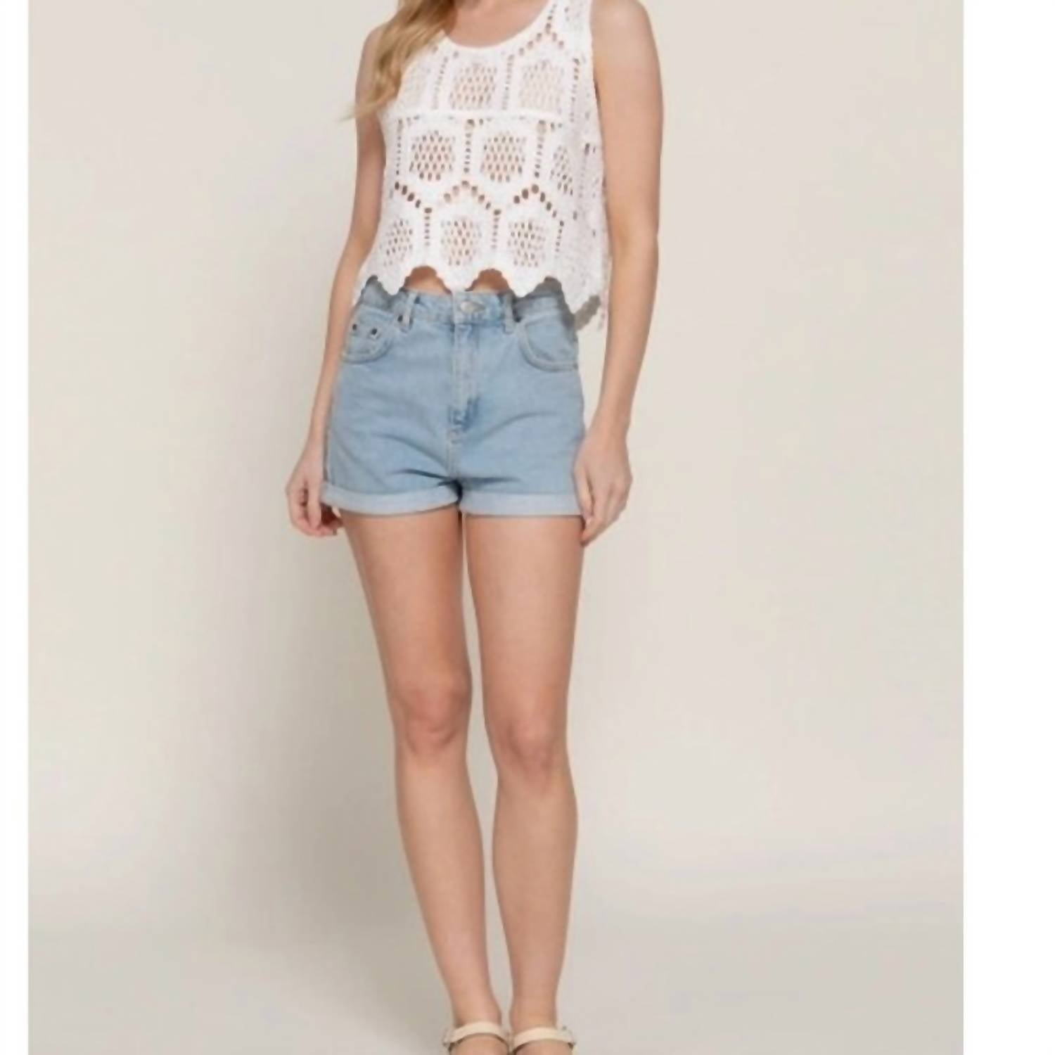 Active Basic - Sleeveless Round Neck Cotton Crochet Crop Tank Top
