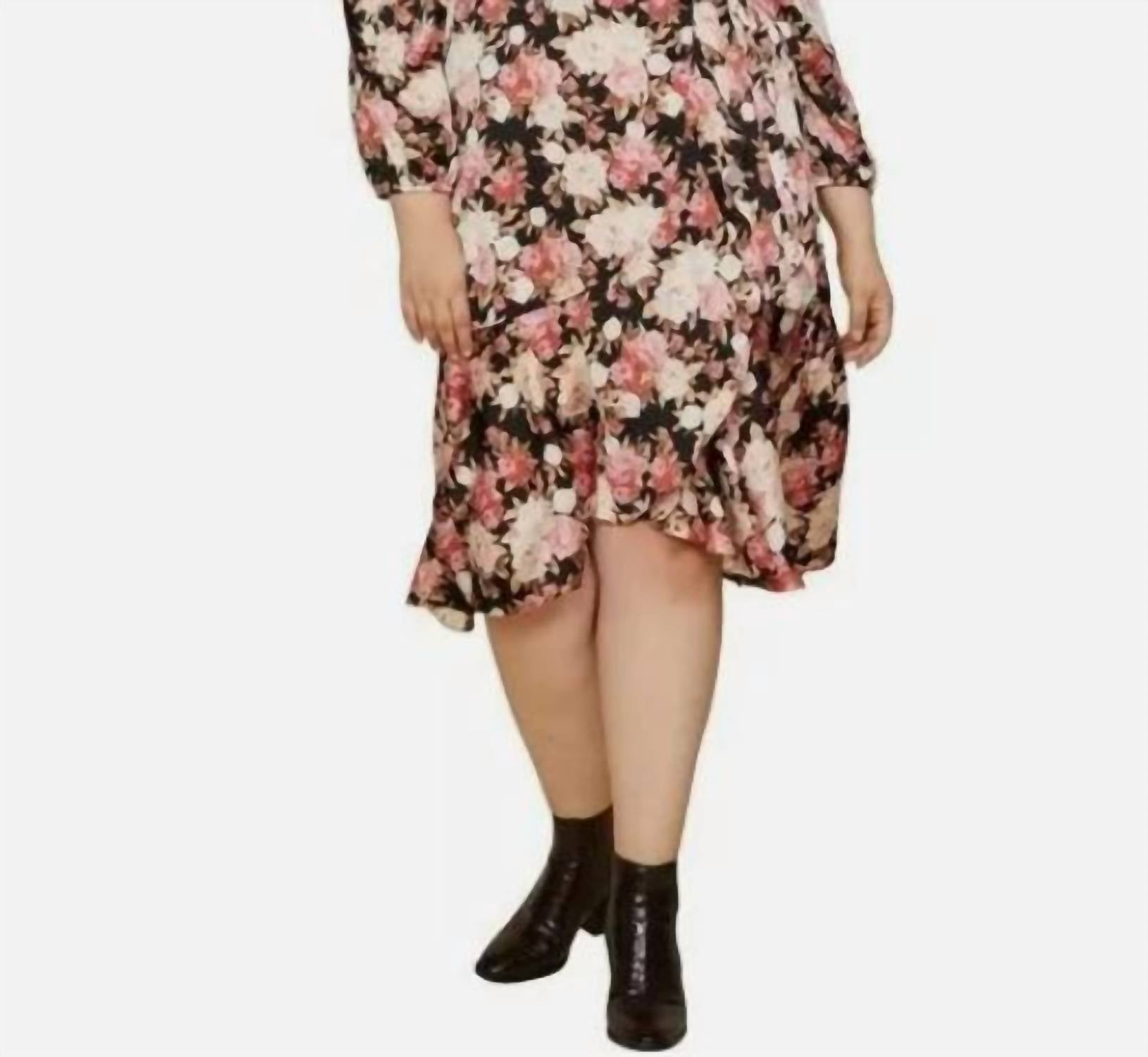 Skies Are Blue - Plus Rose Print Ruffle Trim Floral Wrap Midi Dress