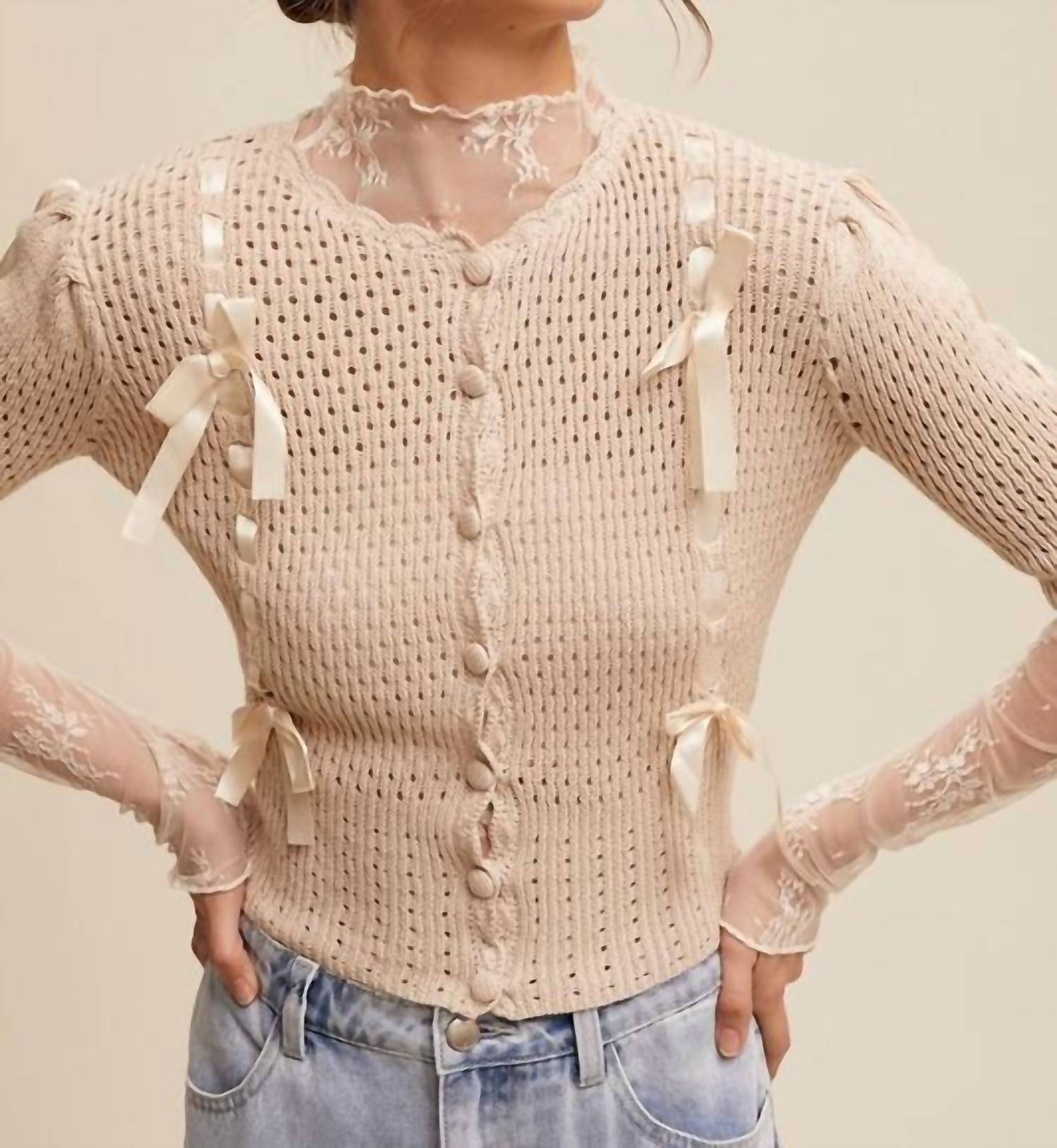 Listicle - Pastel Knit Cardigan With Satin Bow Details