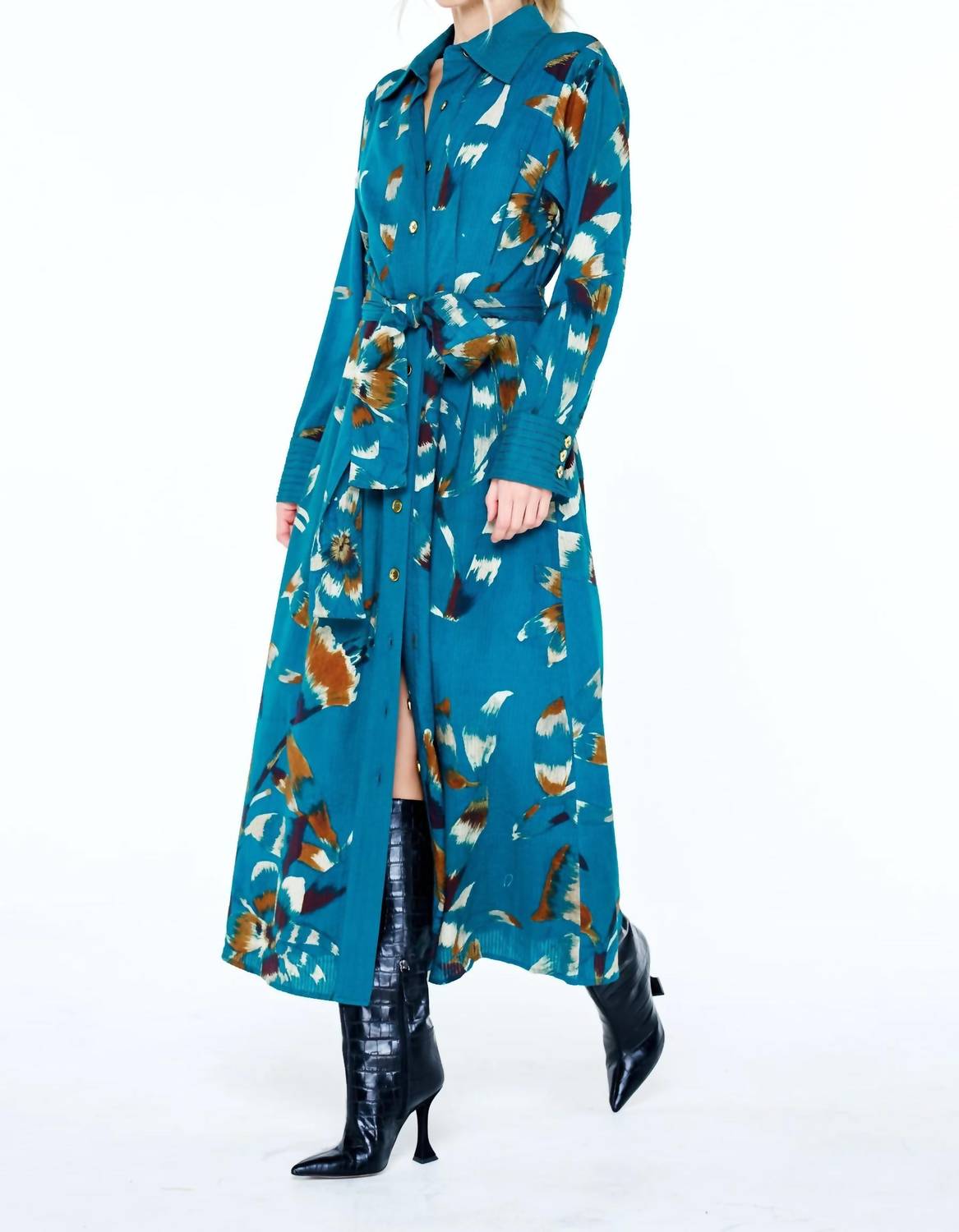 Ciebon - Women's Printed Seersucker Maxi Shirt Dress