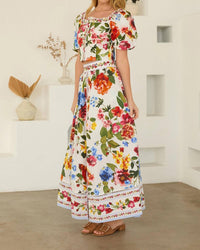 SKIES ARE BLUE Floral Border Print Midi Skirt in white multi - women's skirt - detail view