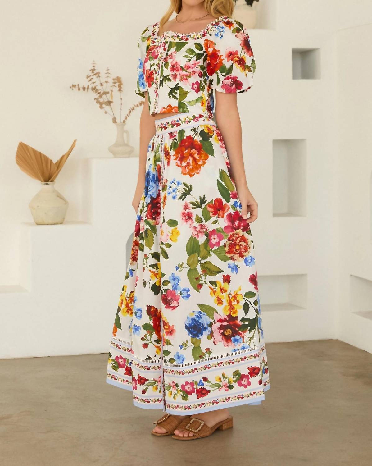 SKIES ARE BLUE Floral Border Print Midi Skirt in white multi - women's skirt - detail view