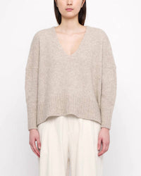 7115 by SZEKI Chunky V-neck Sweater in light taupe - women's sweater