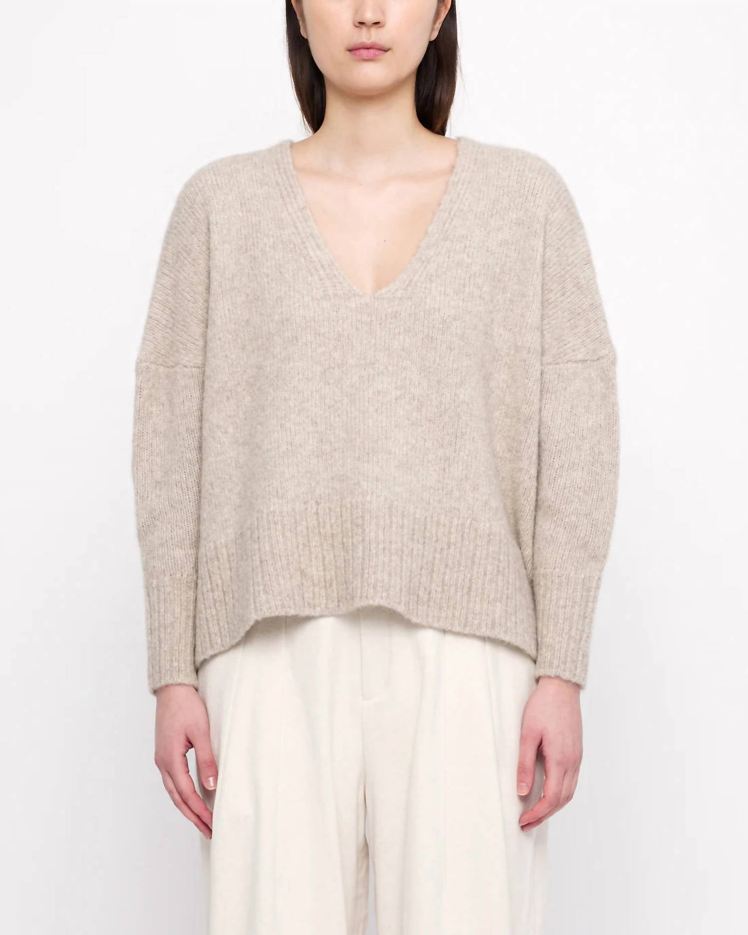 7115 by SZEKI Chunky V-neck Sweater in light taupe - women's sweater