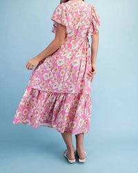 Gigio - Vibrant Floral Print V-neck Midi Dress