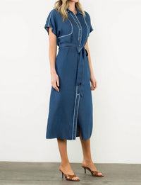 THML Short Sleeve Button Up Midi Dress in blue - women's dress - alternate view