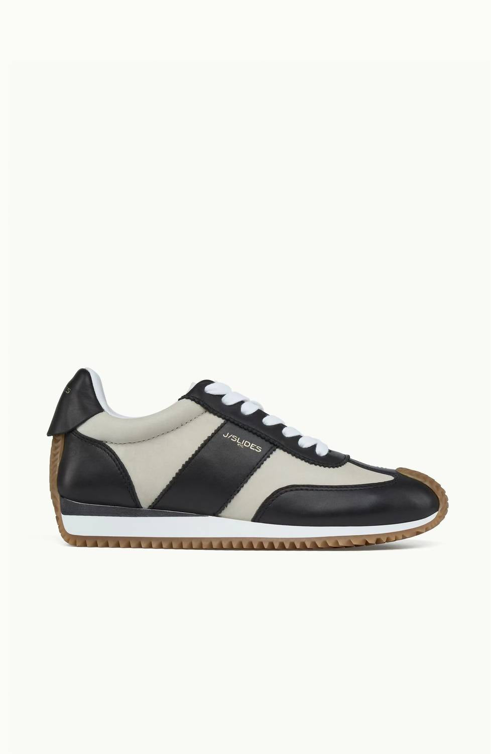 J/SLIDES Women's Leather Stripe Sneaker in black white - women's sneaker - detail view