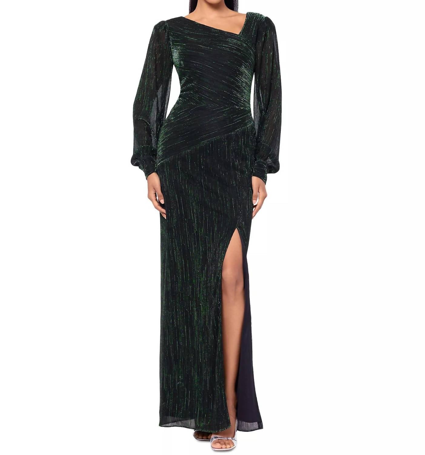 Betsy & Adam Women's Metallic Crinkled Gown in green - women's dress