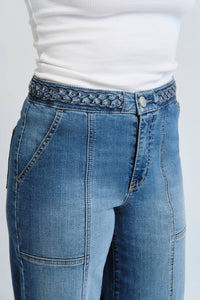 1822 Denim - High Rise Wide Leg Braided Waistband Denim Jeans