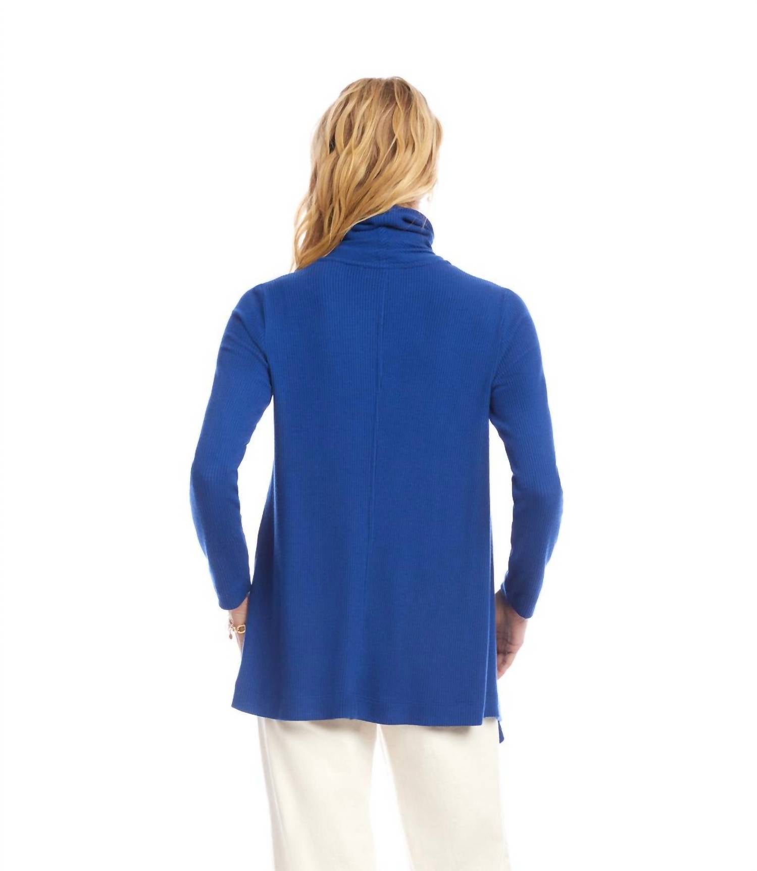 Karen Kane Long Sleeve Ribbed Drape Front Cardigan in indigo - women's cardigan - alternate view