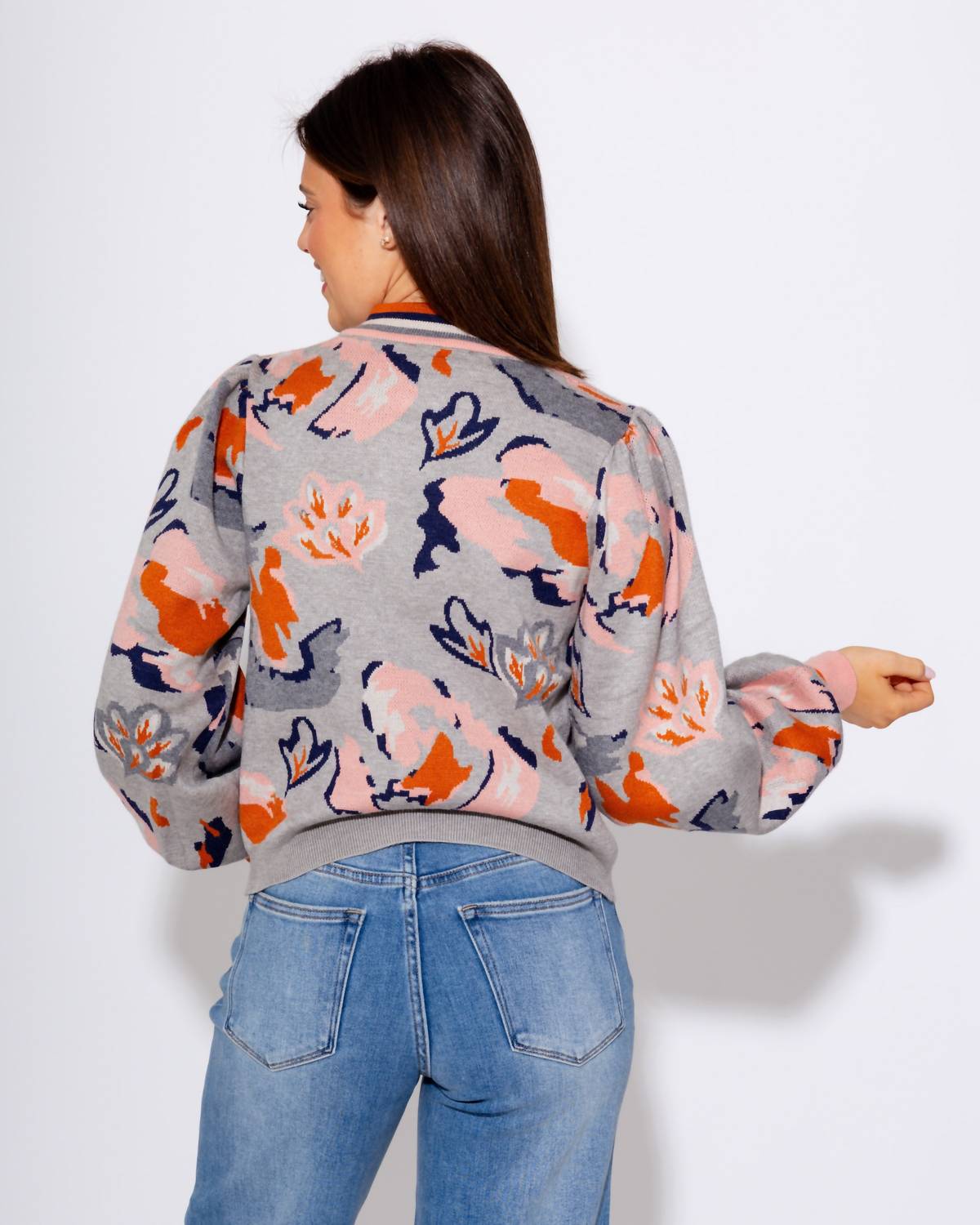 THML Abstract Floral Knit Sweater in grey - women's sweater - detail view