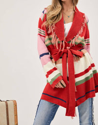 Davi & Dani - Fringe Trim Waist Tie Belt Striped Cardigan - Plus