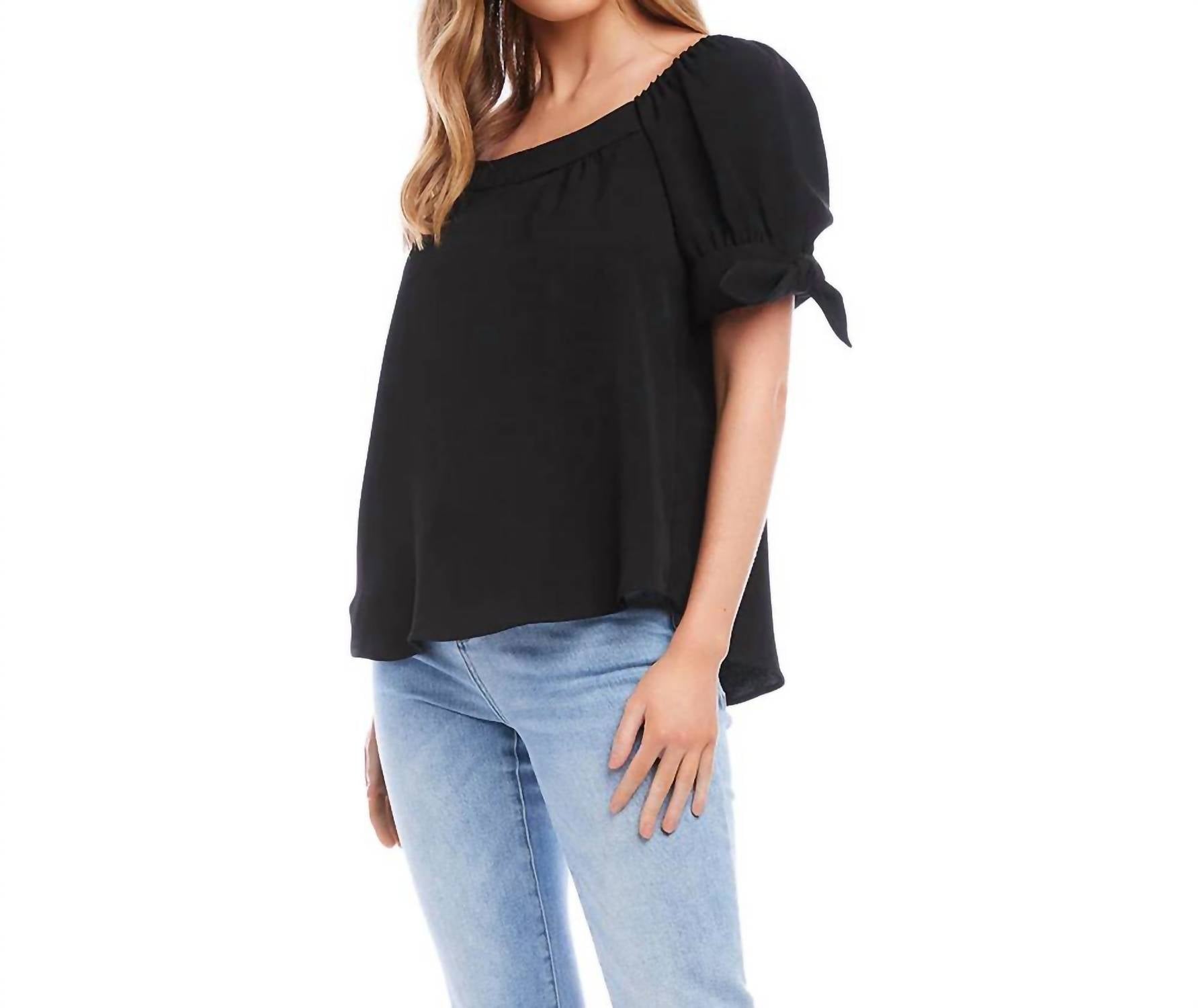Karen Kane Bree Square Neck With Sleeve Ties Top in black - women's blouse - detail view