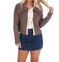 In February - Nostalgic Charm Contrast Bow Ribbed Cardigan