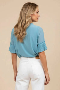 Naked Zebra - V-Neck Blouse with Pleated Sleeve Detail