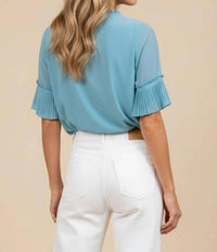 Naked Zebra - V-Neck Blouse with Pleated Sleeve Detail