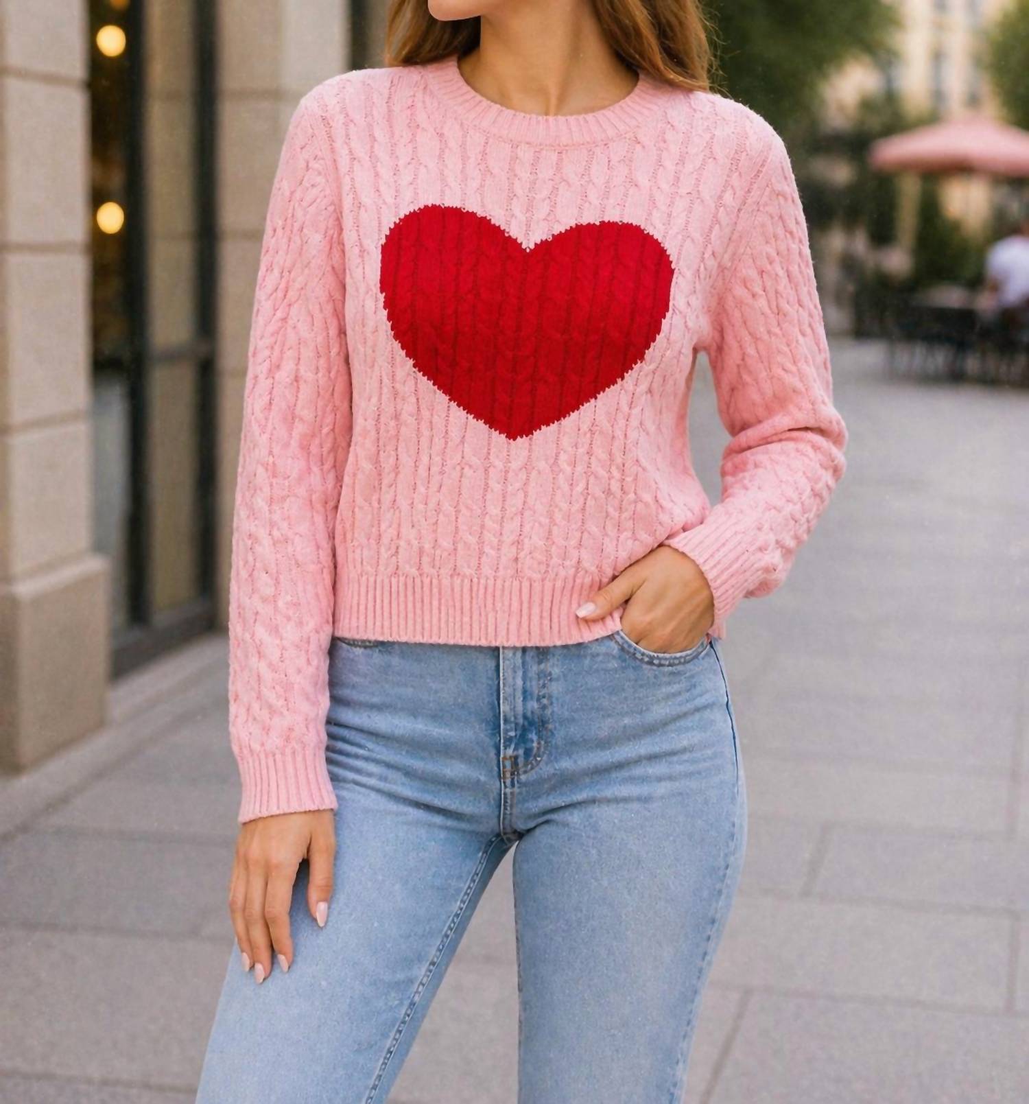 DESIGN HISTORY heart cable sweater in pink - women's sweater - detail view