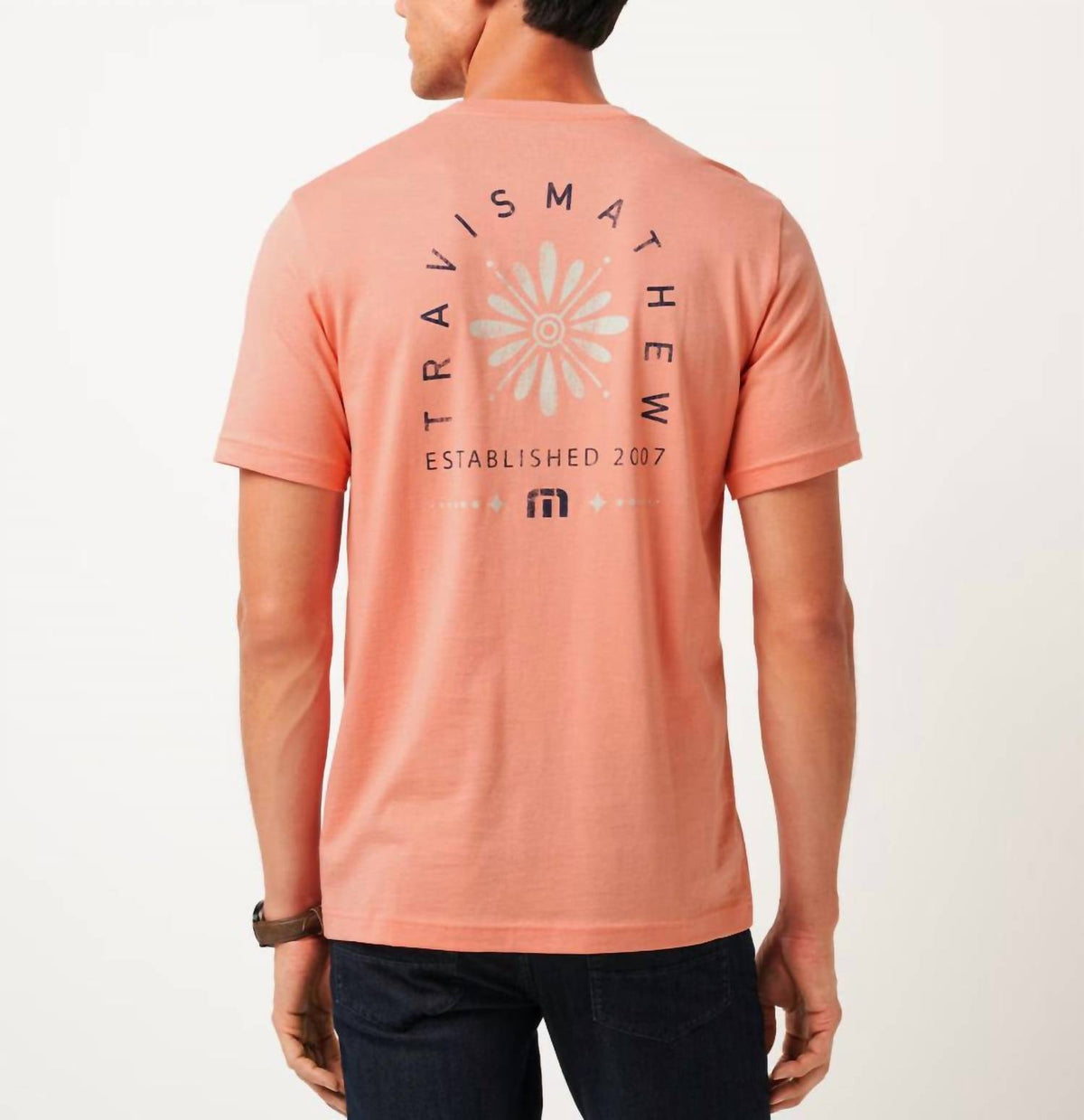 TravisMathew Deco Short Sleeve Tee in terracotta - men's t-shirt - detail view