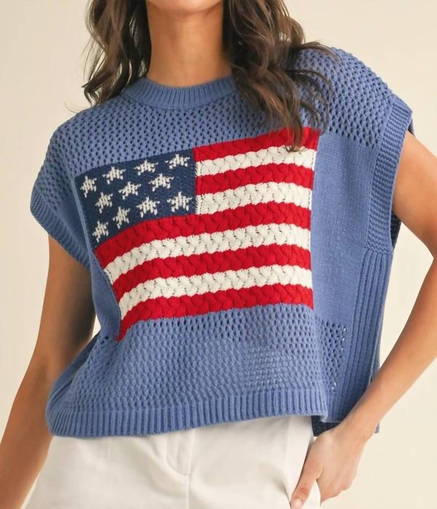 Anniewear - American Flag Open Knit Sweater Top