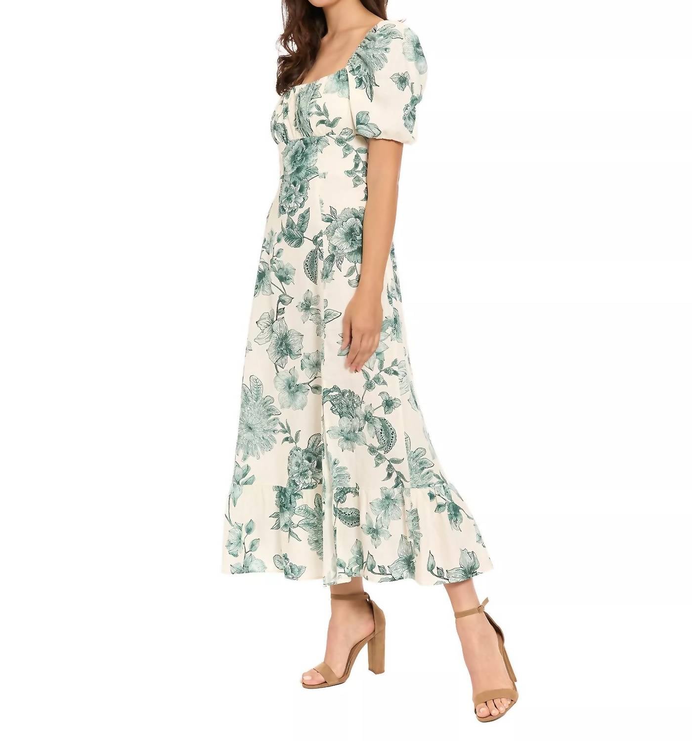 London Times - Square Neck Puff Sleeves Midi Dress