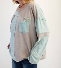 Easel - Color Block Cotton Top With Patches