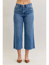 Judy Blue - High Waist Classic Raw Hem Crop Wide Leg Denim Jeans