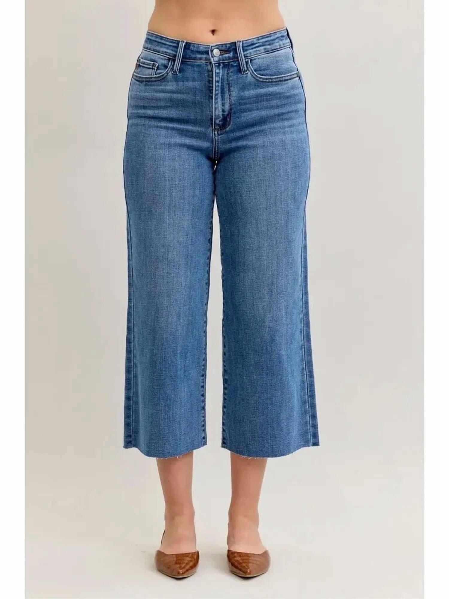 Judy Blue - High Waist Classic Raw Hem Crop Wide Leg Denim Jeans