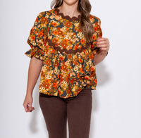 Ivy Jane Autumn Bloom Peplum Top in orange - women's blouse