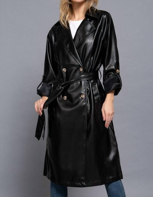 Active Usa - Double Breasted Faux Leather Trench Coat
