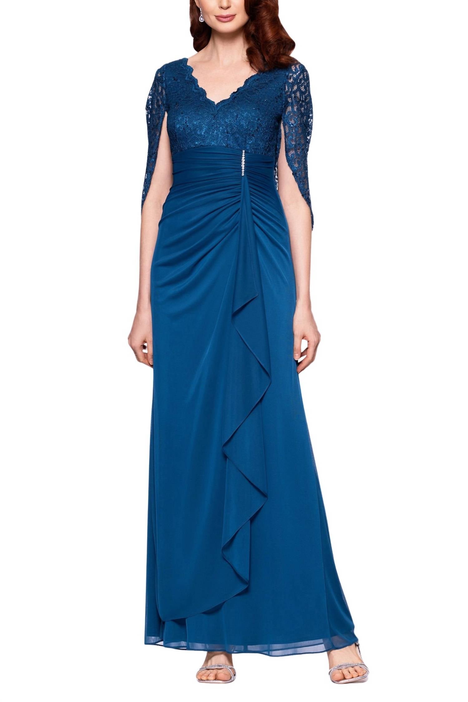 Betsy & Adam - Women's Lace Side Ruche Long Gown Dress