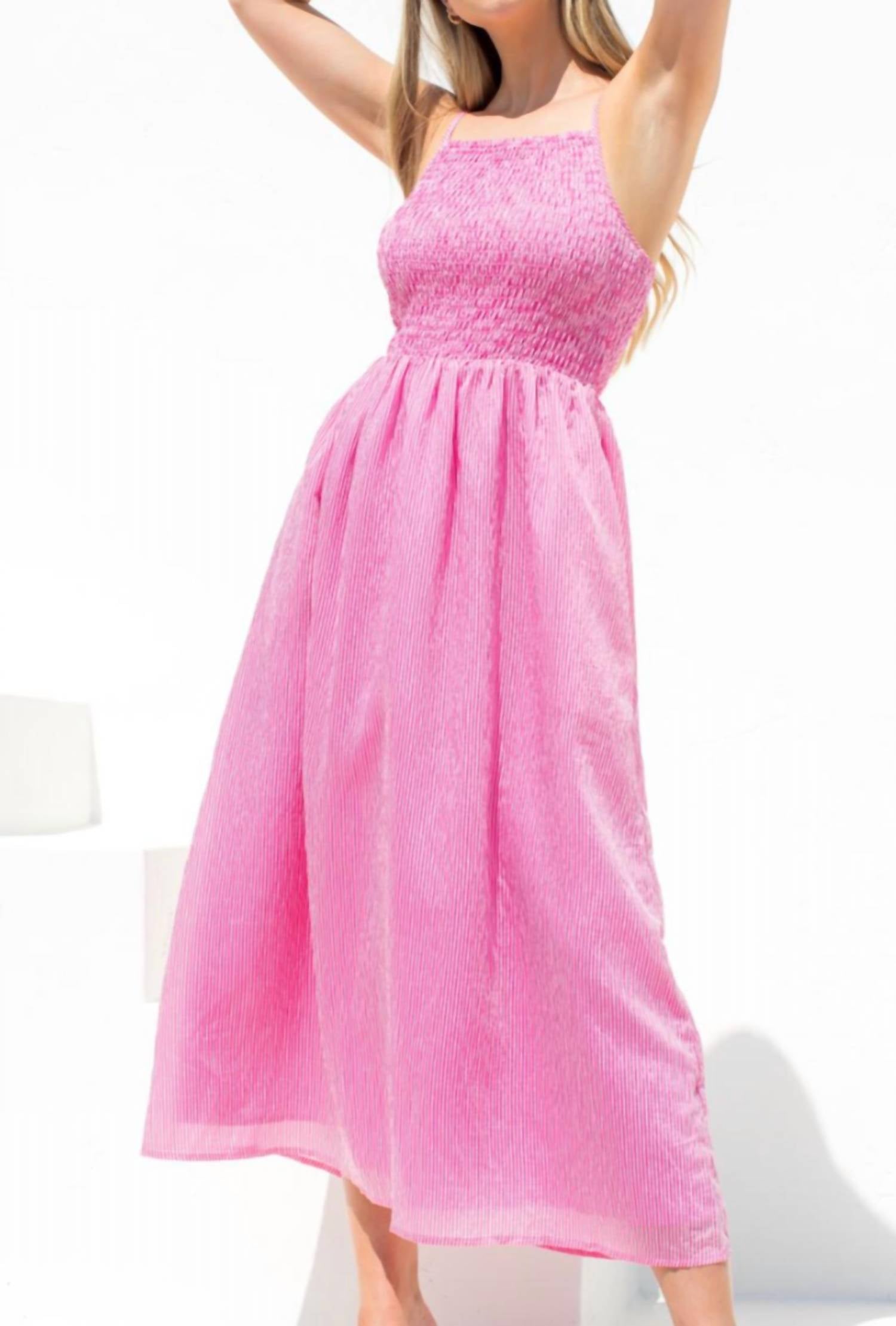 THML Smocked Striped Midi Dress in pink - women's dress