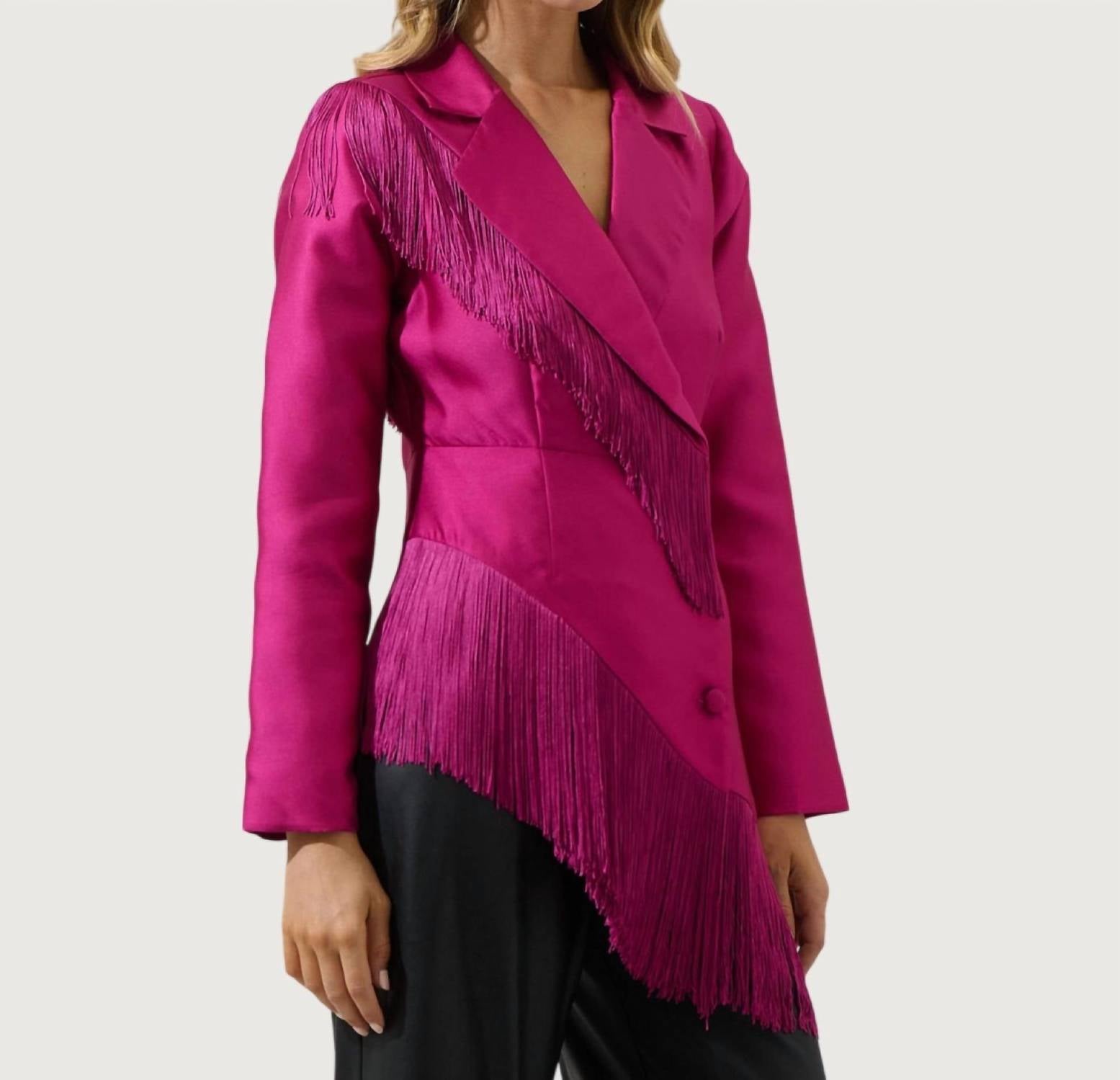 SUGARLIPS Liv Fringe Blazer in magenta - women's jacket - detail view