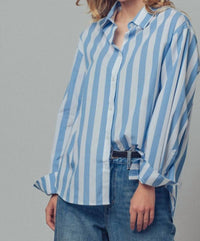 Urban Daizy Oversized Stripe Button Down Collared Shirt in blue - women's long sleeve top - alternate view