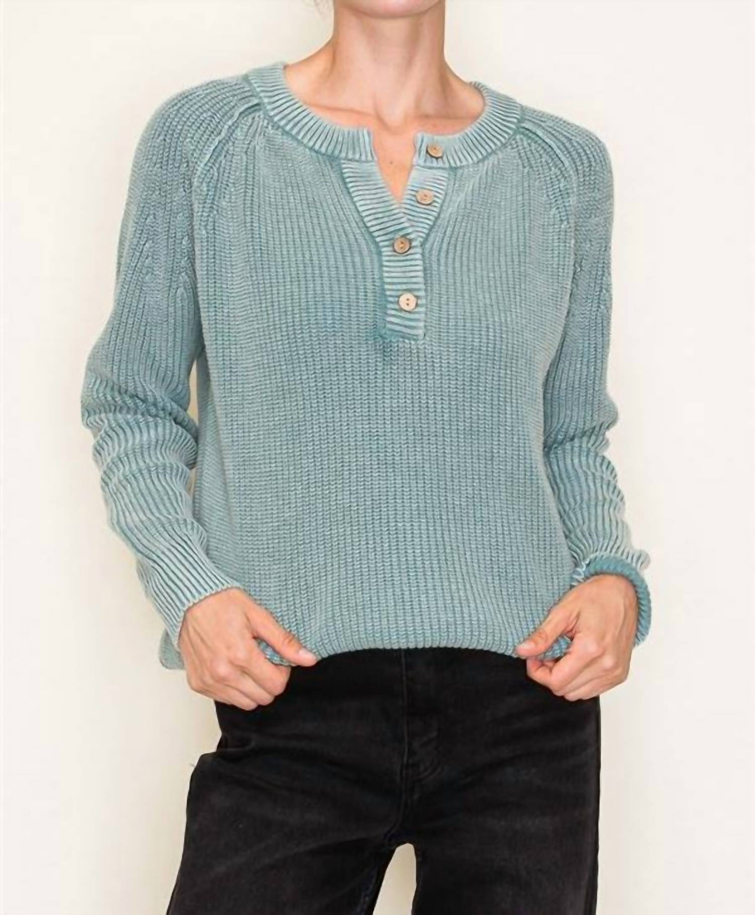 Staccato - Washed Yarn Henley Neck Half Button Sweater