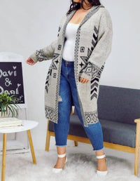 Davi & Dani - Snow Printed Long Sleeve Pockets Cardigan - Plus