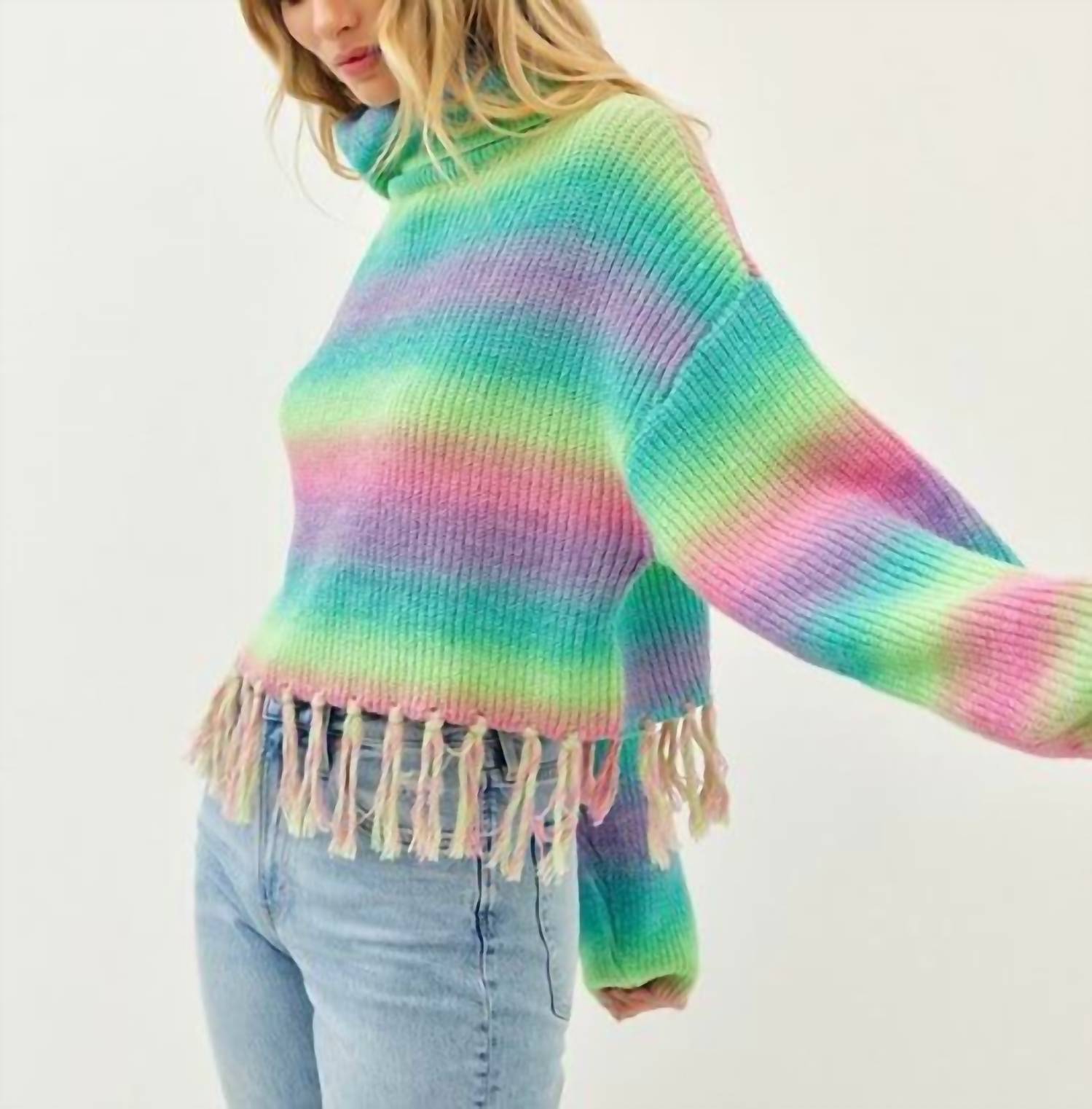 Idem Ditto - Addie Colorful Striped Sweater With Fringe
