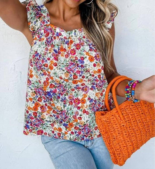 Lovesoft - Rose Red Floral Square Neck Flutter Tank Top