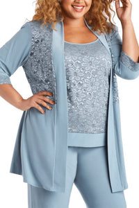 R&M Richards - Laced Blouse & Sequin Jacket Pant Suit Set - plus