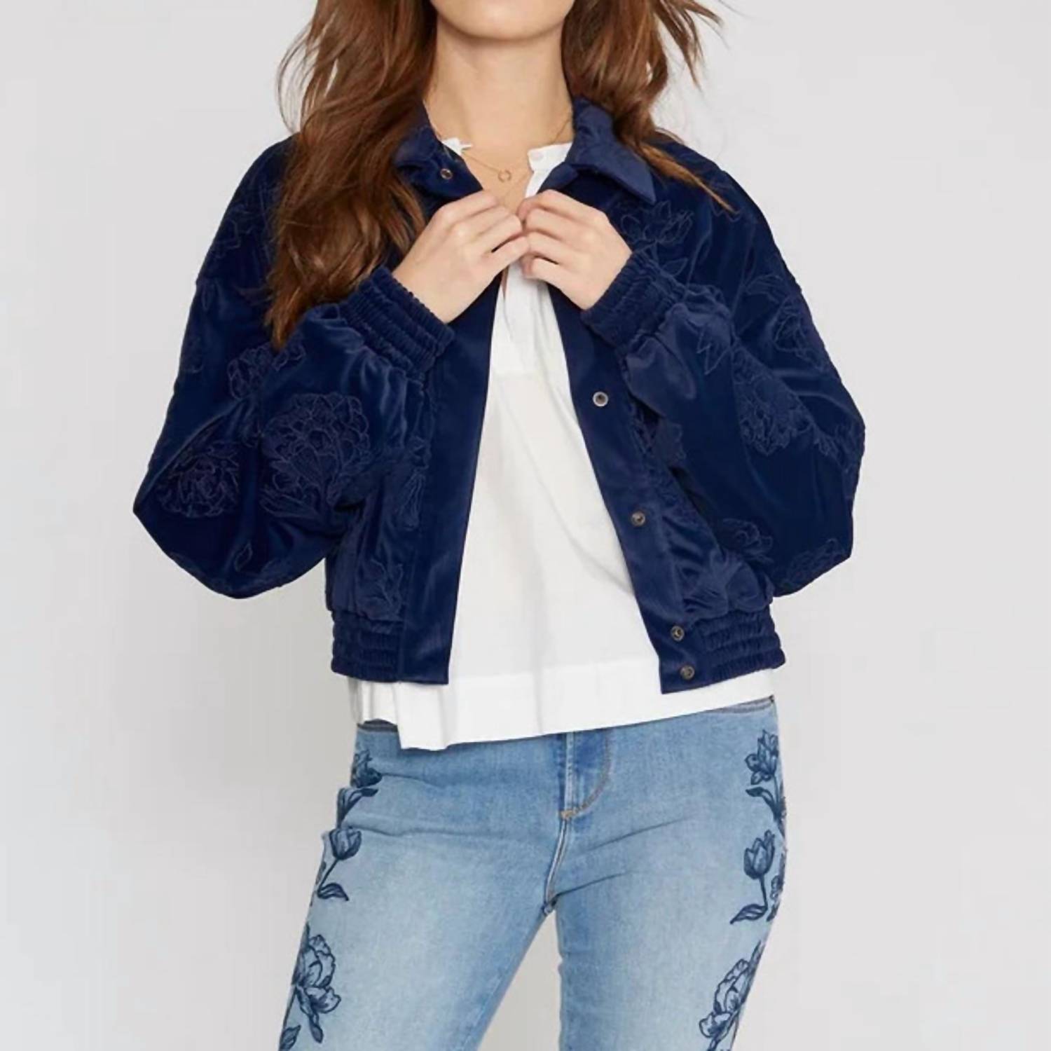 DRIFTWOOD Detroit Velvet Etched Bomber Jacket in one color - women's jacket