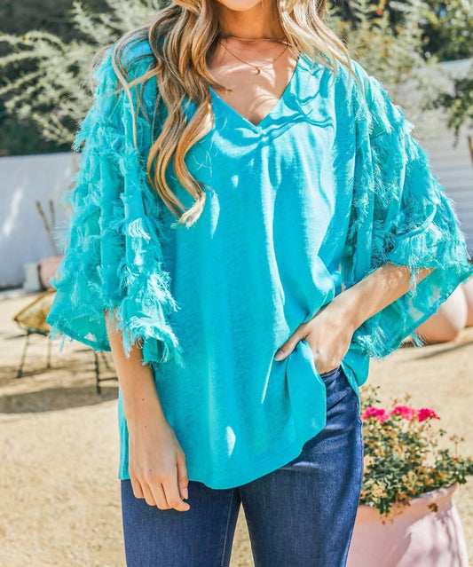 And The Why - Feather Detailed 3/4 Sleeve Slub Top