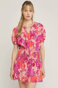 First Love - Floral Print Smocked Shoulder Waist Short Dress