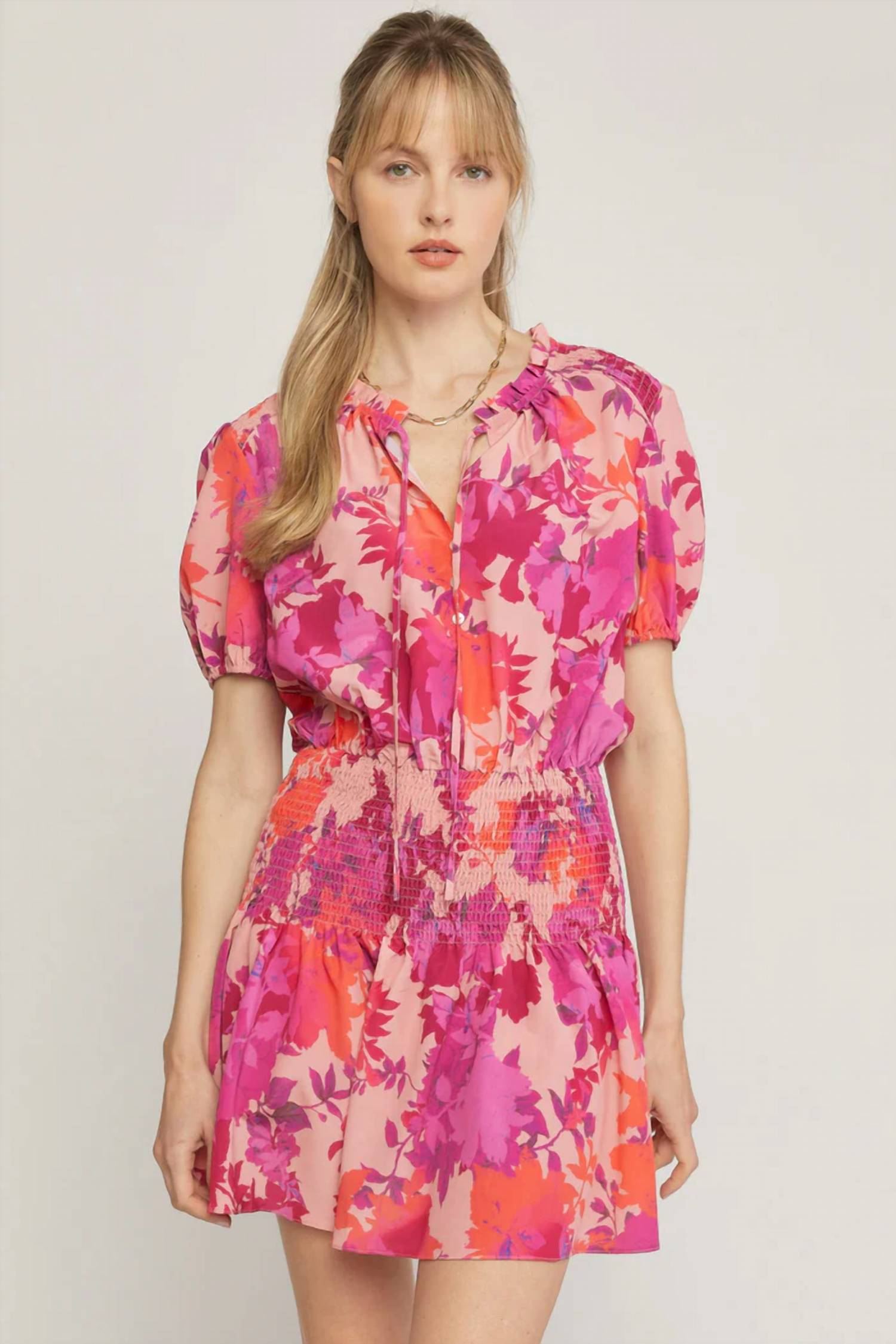 First Love - Floral Print Smocked Shoulder Waist Short Dress