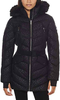Logo Leopard Belted Hooded Down Puffer Coat