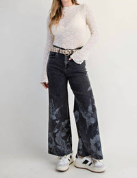 Easel Floral Bird Stretch Denim Pants in black denim wash - women's jeans
